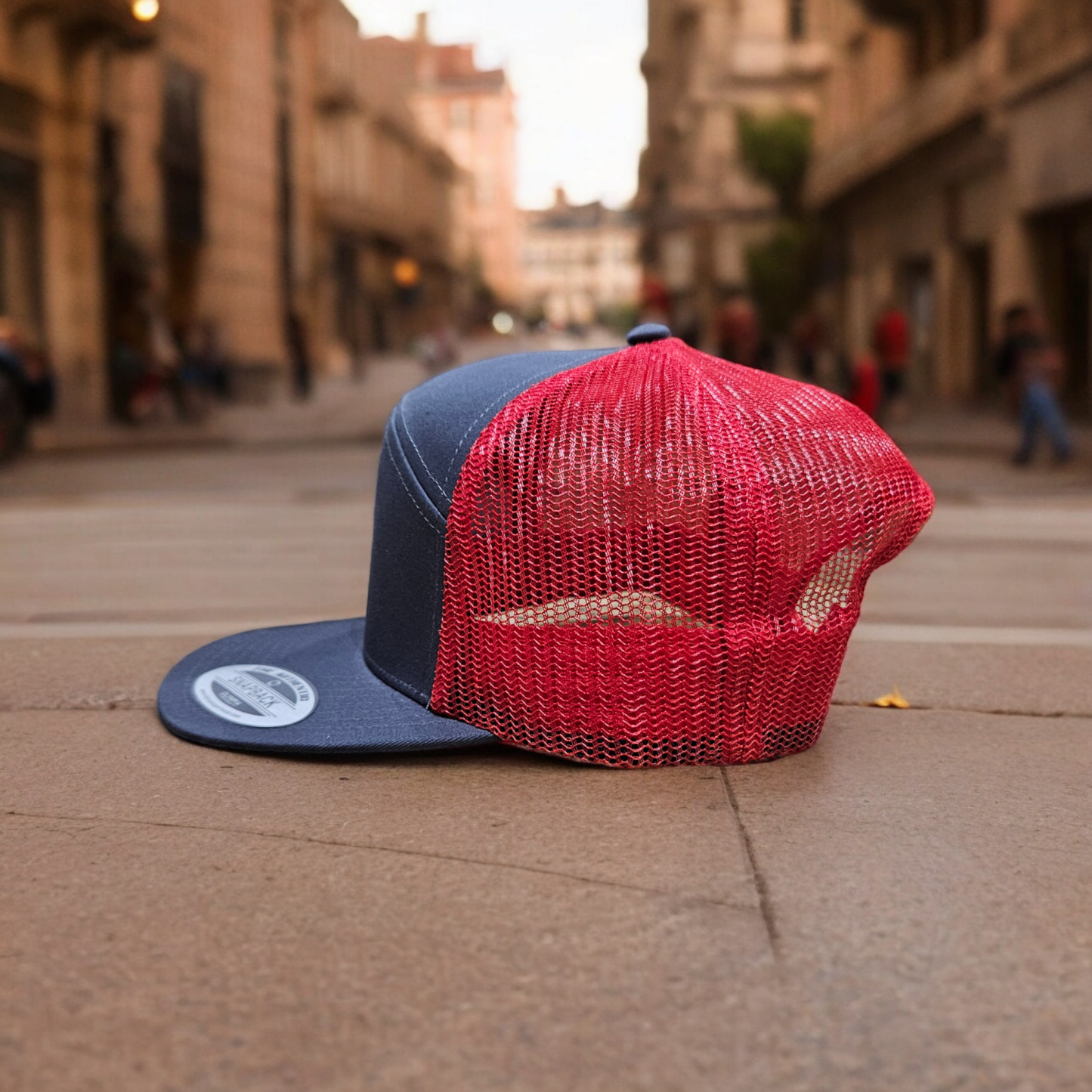 7 Panel Charcoal/Red Trucker Hat Snapback 115C