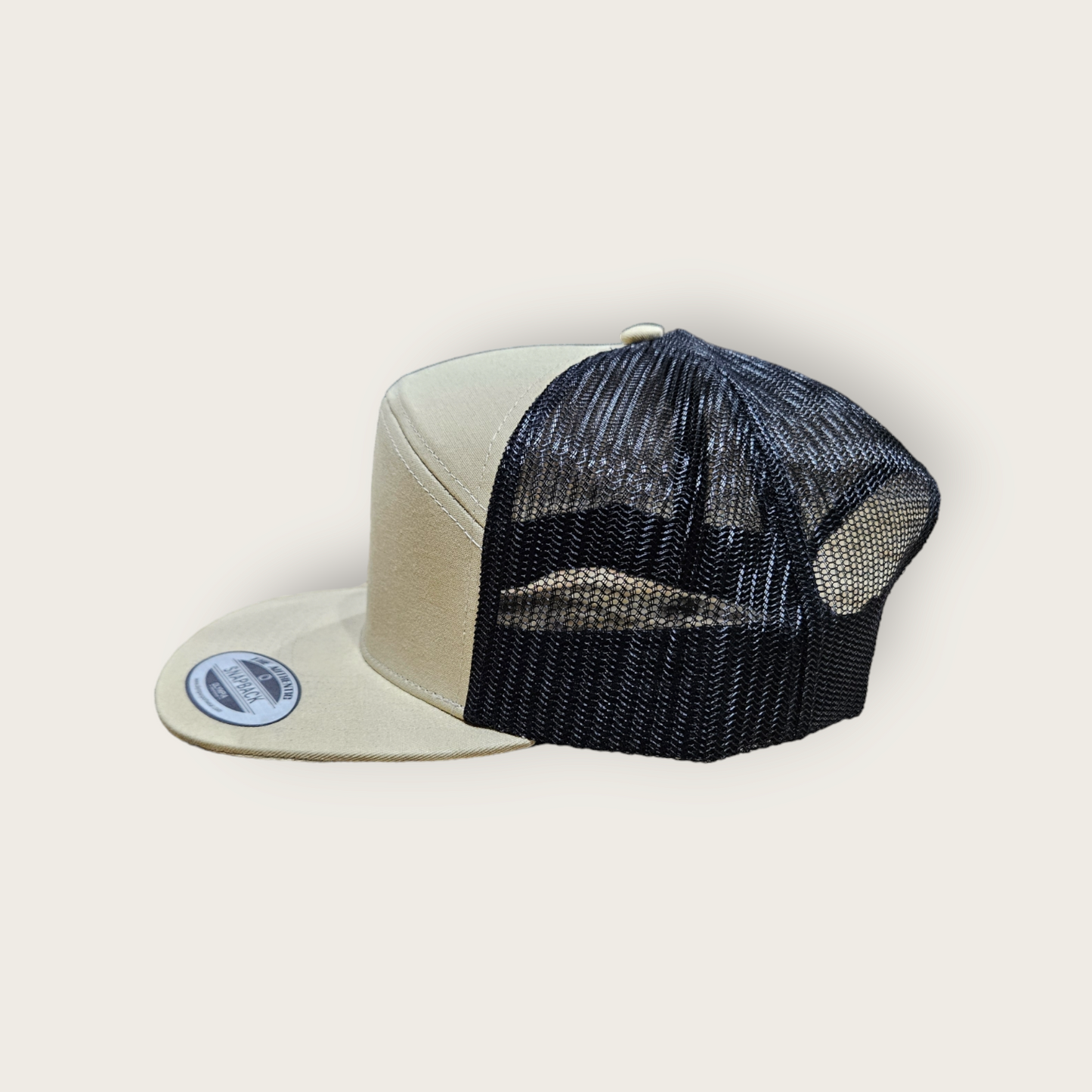 7 Panel Khaki/ Black Trucker Hat Snapback 115C