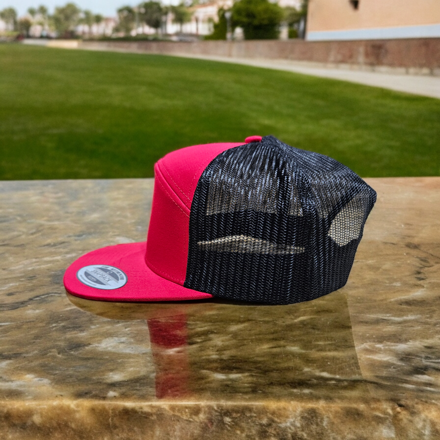 7 Panel Red/ Black Trucker Hat Snapback 115C