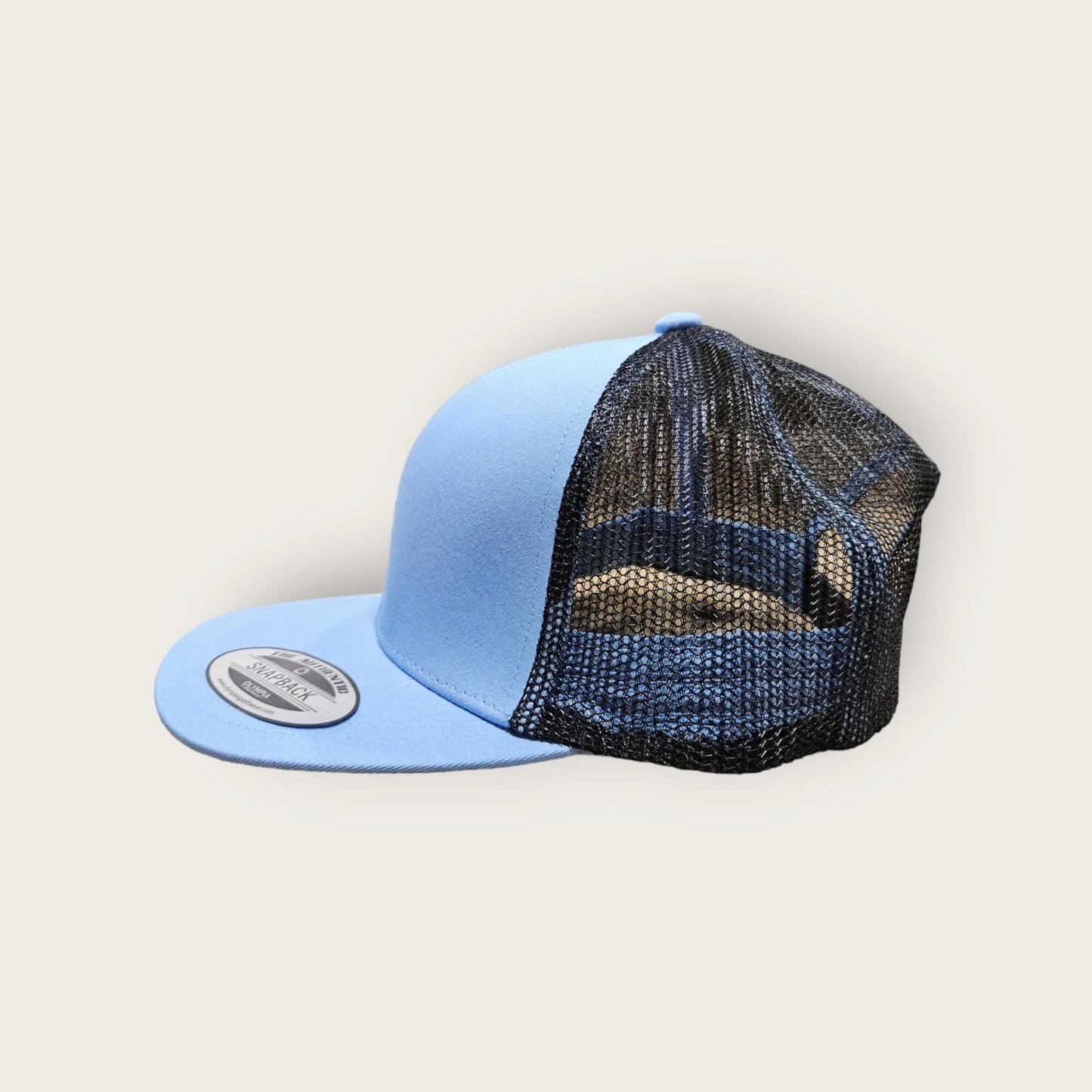 6 Panel Baby Blue/Black Trucker Hat 110C