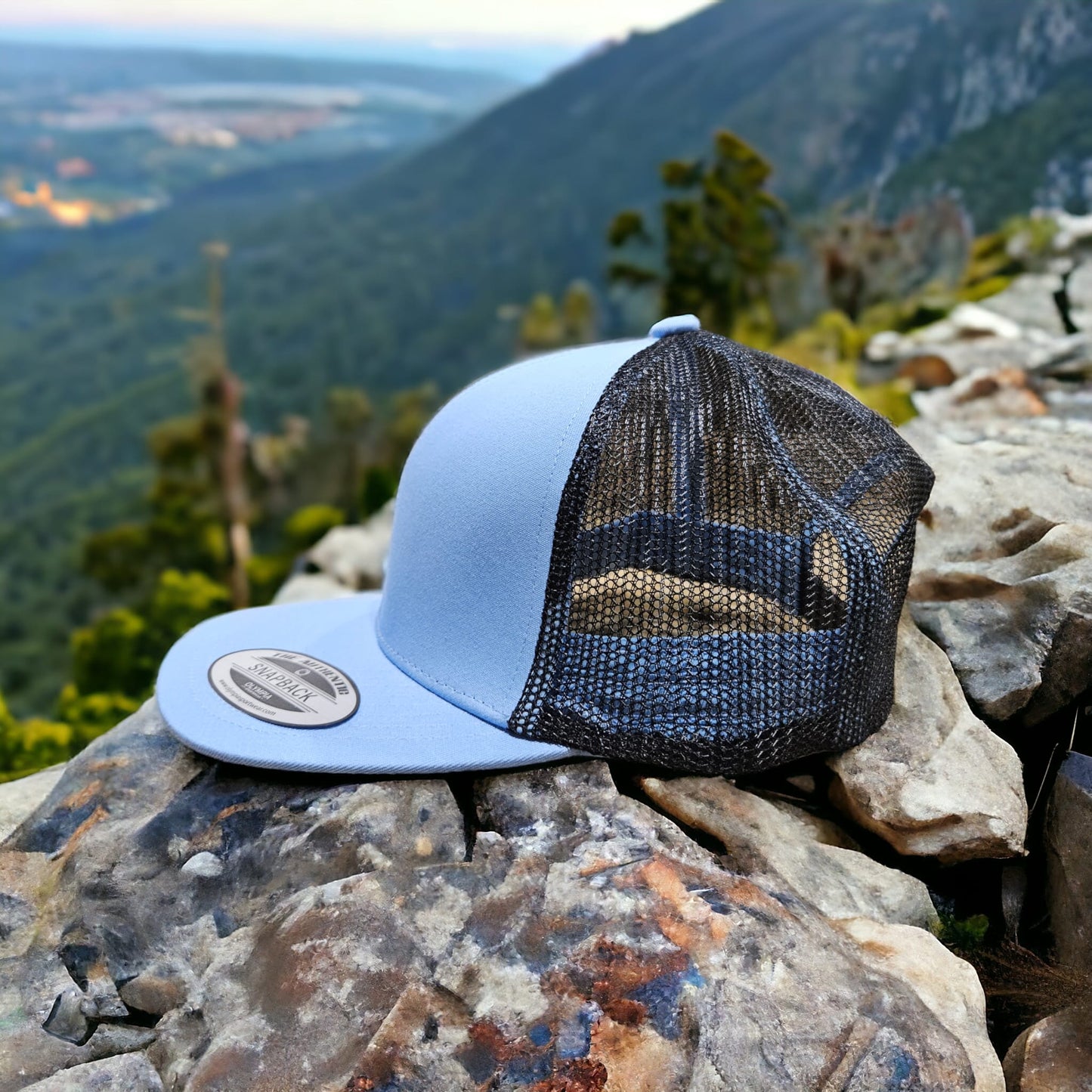 6 Panel Baby Blue/Black Trucker Hat 110C