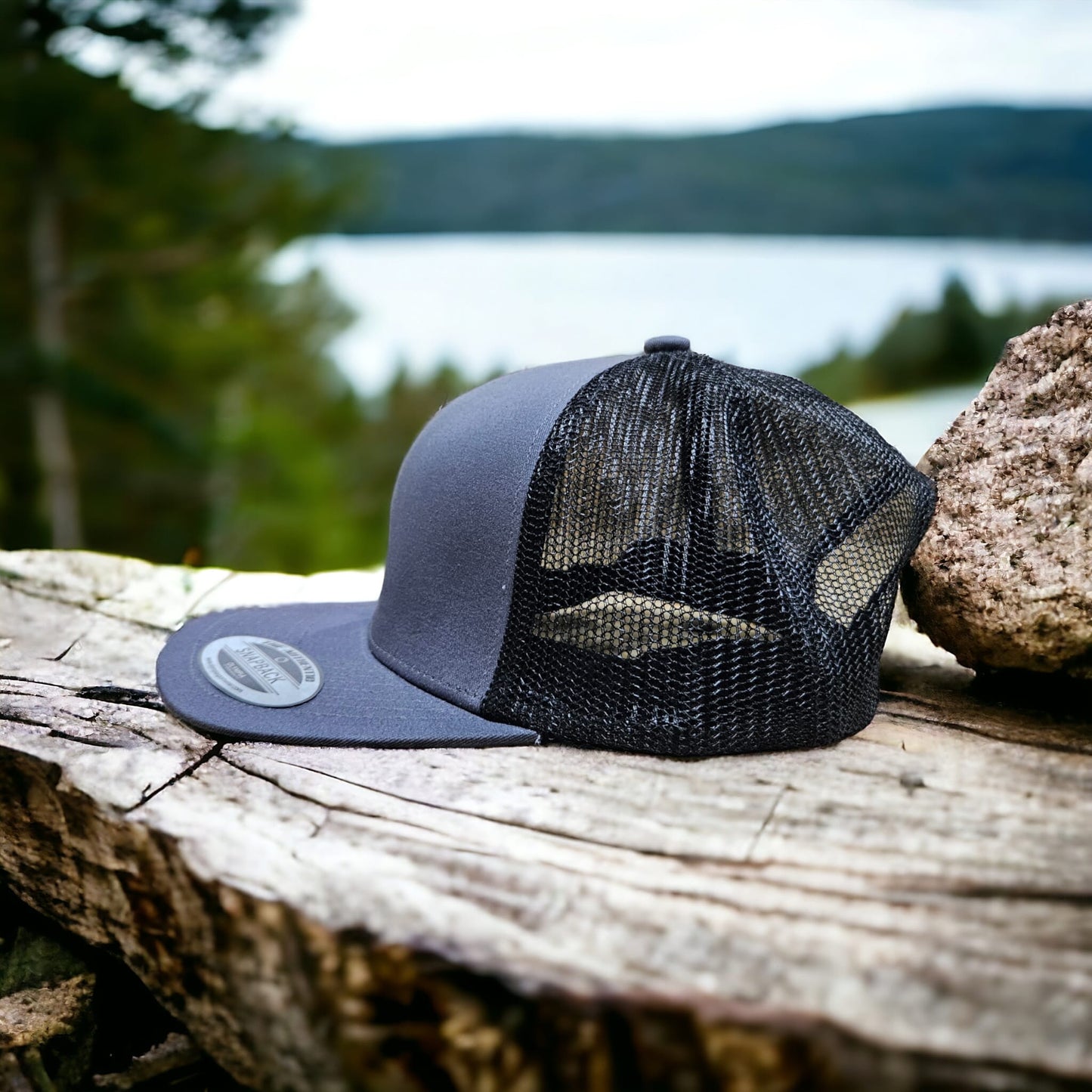 6 Panel Charcoal/Black Trucker Hat 110C