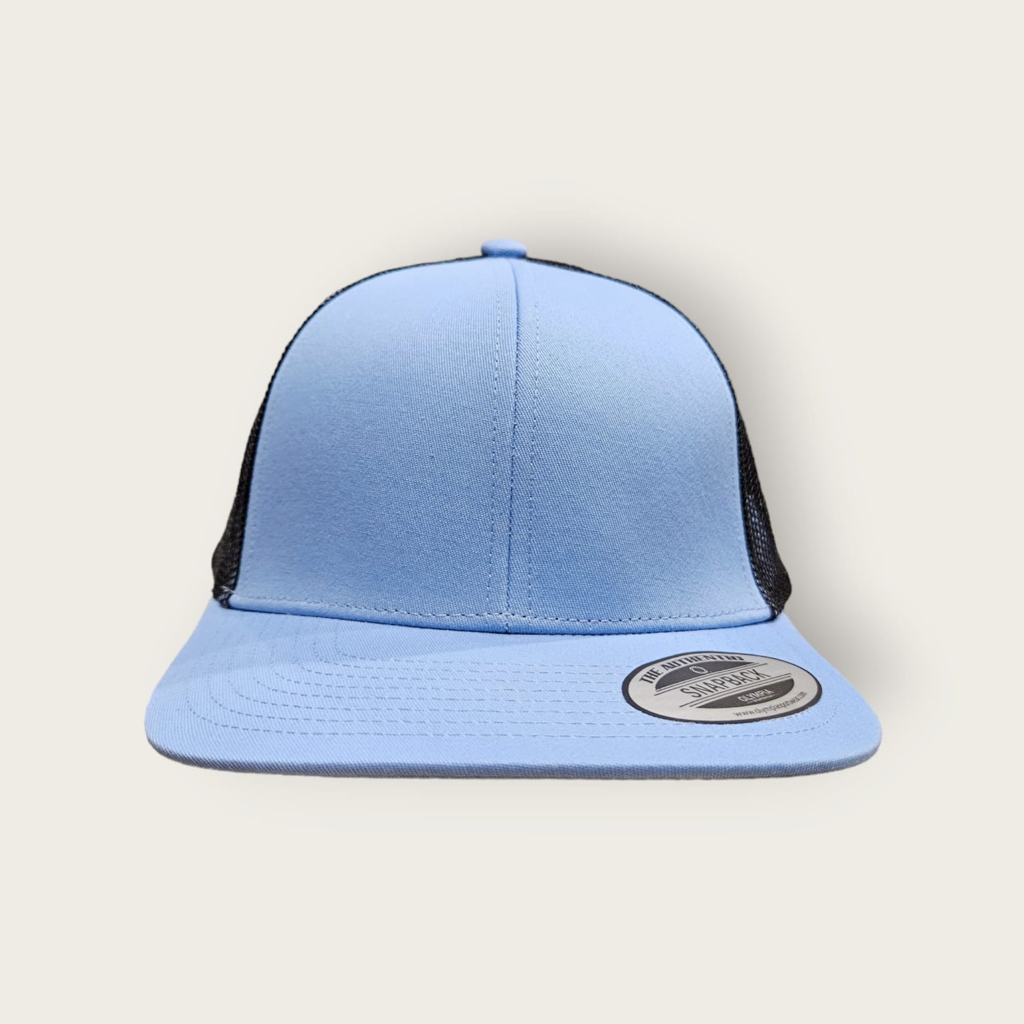6 Panel Baby Blue/Black Trucker Hat 110C