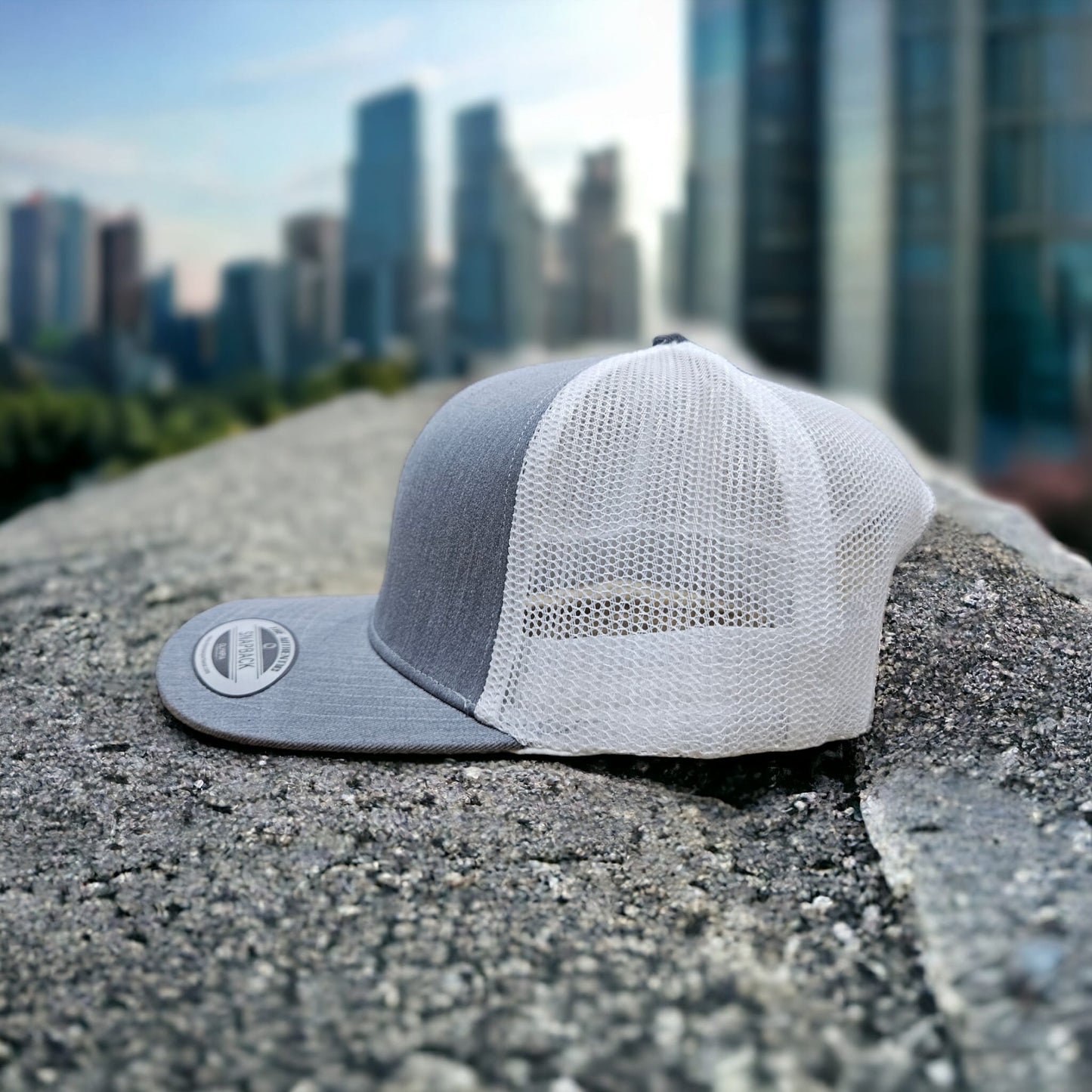6 Panel Heather Gray/White Trucker Hat 110C