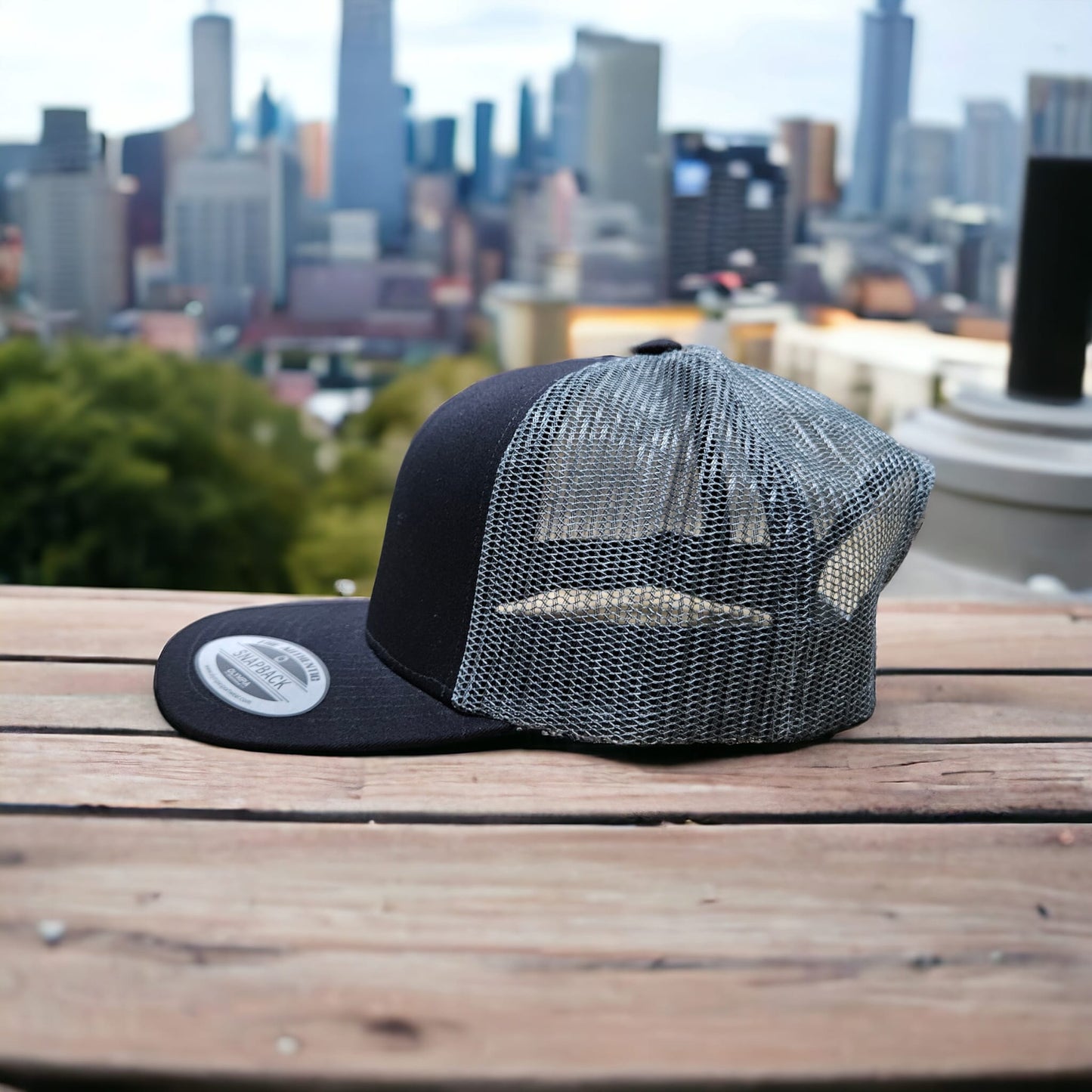 6 Panel Black/Charcoal Trucker Hat 110C