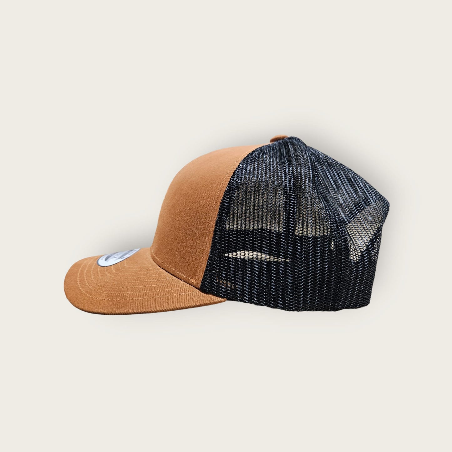 6 Panel Carmel/Black Trucker Hat 110C