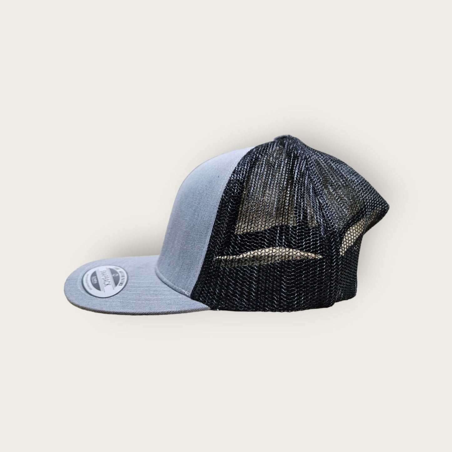 6 Panel Heather Gray/Black Trucker Hat 110C