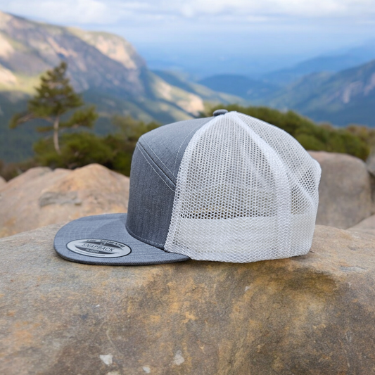 7 Panel Heather Gray/ White Trucker Hat Snapback 115C