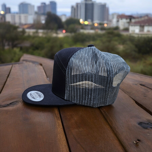 7 Panel Black/ charcoal Trucker Hat Snapback 115C