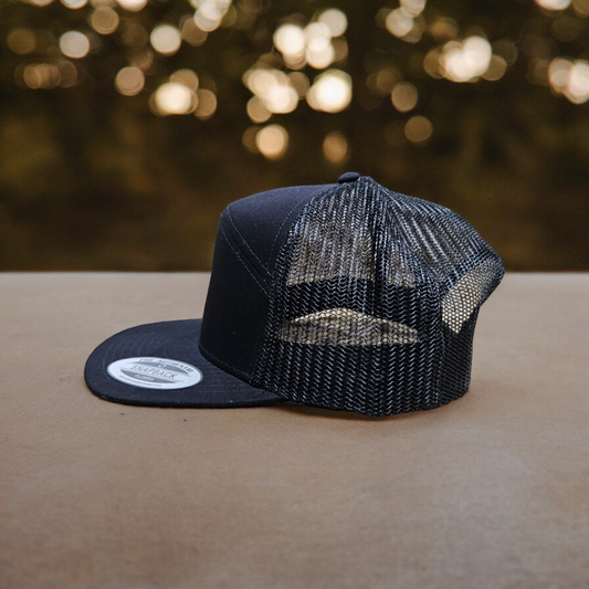 7 Panel Black/ Black Trucker Hat Snapback 115C