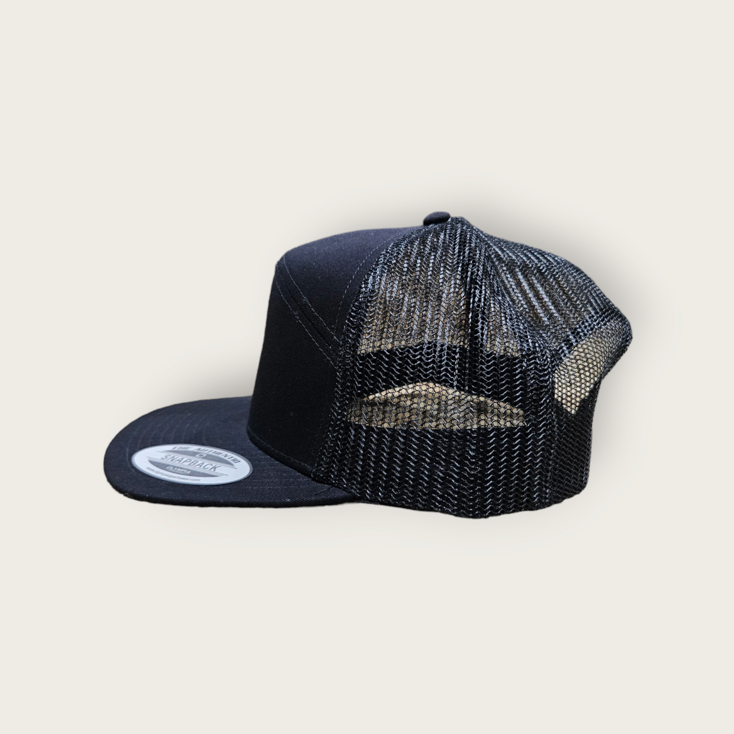 7 Panel Black/ Black Trucker Hat Snapback 115C