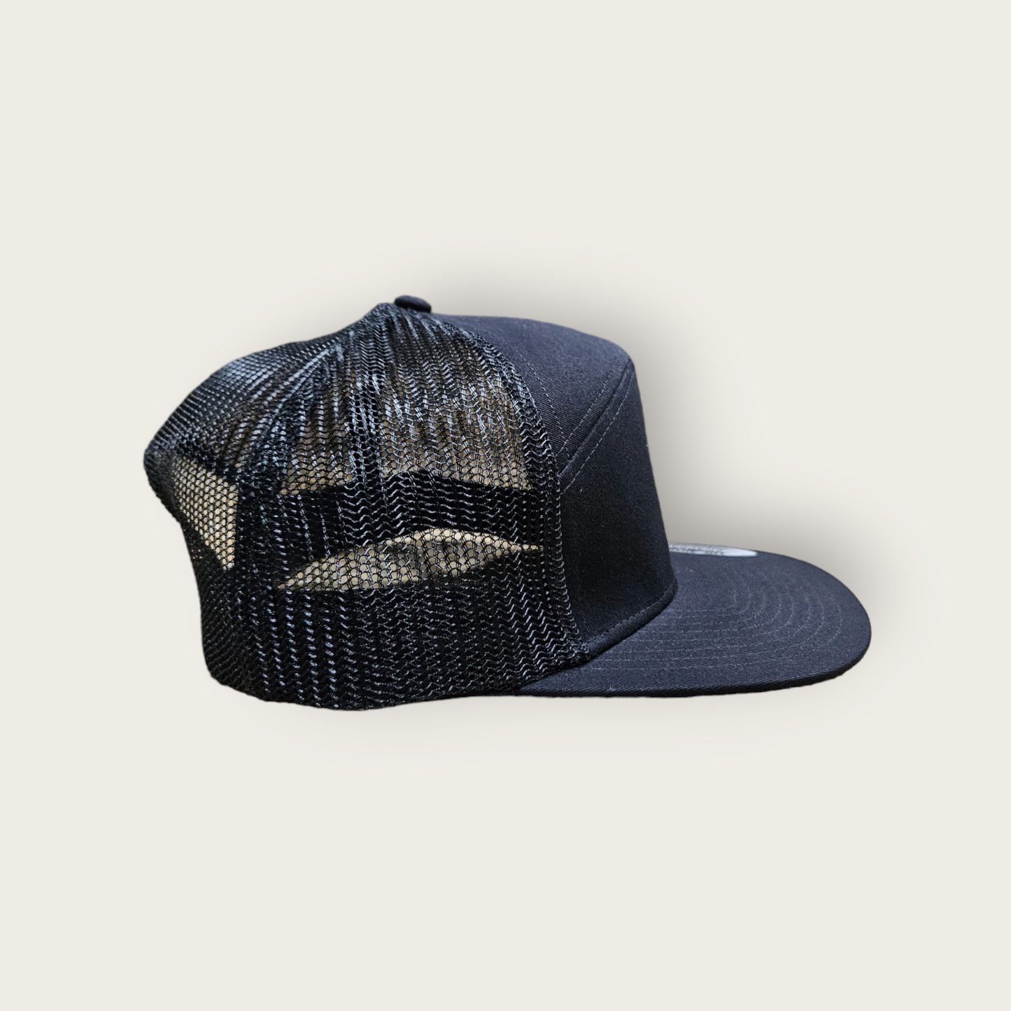 7 Panel Black/ Black Trucker Hat Snapback 115C