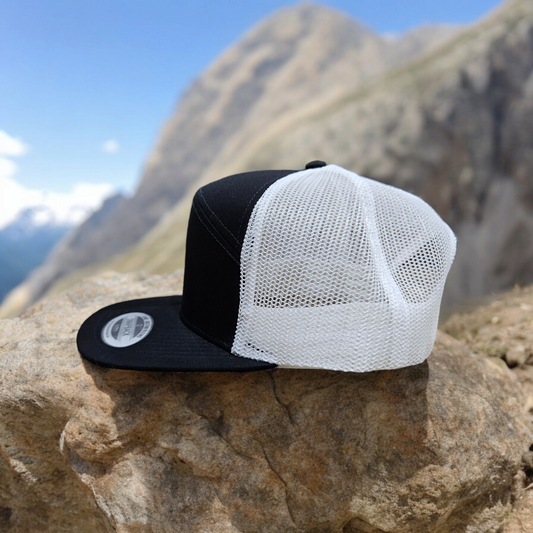 7 Panel Black/ White Trucker Hat Snapback 115C