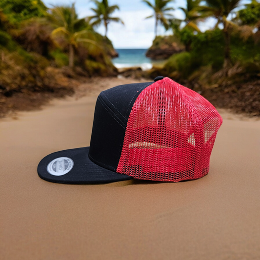 7 Panel Black/ Red Trucker Hat Snapback 115C