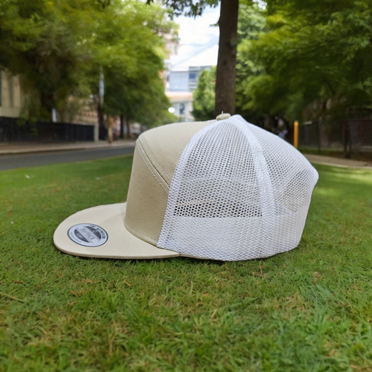 7 Panel Khaki/ White Trucker Hat Snapback 115C