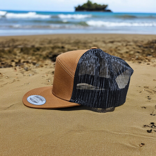 7 Panel Carmel/ Black Trucker Hat Snapback 115C